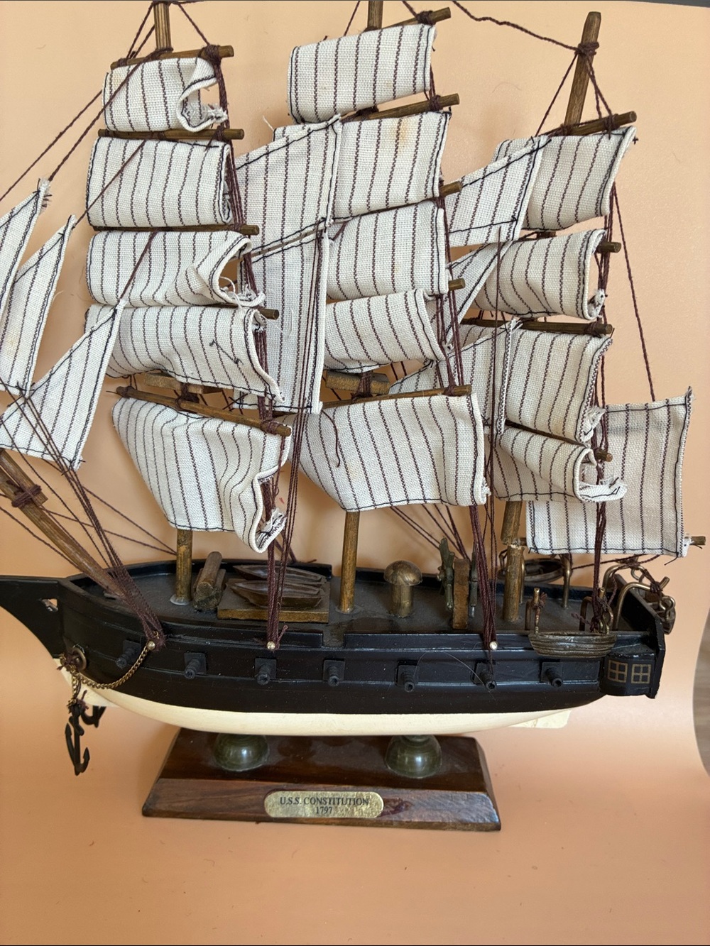Wooden Model Ship U.S.S. Constitution1797 with Striped Fabric Sails